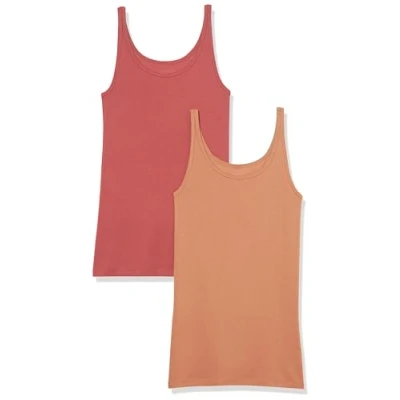 Imagen de Amazon Essentials Top Ajustado sin Mangas y con Tirantes Finos Mujer, Pack de 2, Marrón/Rojo Ladrillo, M