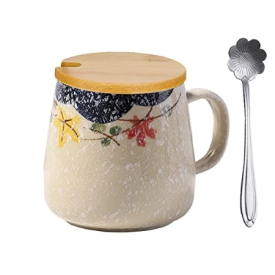 Imagen de Taza de leche cerámica con tapa y cuchara,Taza café tapa,Cappuccino Tazas gres 400 ml,Taza japonesa agua pintada a mano bajo esmalte grande desayuno