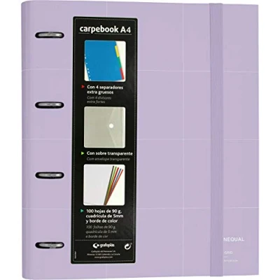 Imagen de Grafoplás 88102969. Carpeta de 4 Anillas Troqueladas, Recambio 100 Hojas 90 Gramos, Separadores Extra Gruesos y Sobre Transparente, A4, Lavanda, Carpebook Unequal Grid