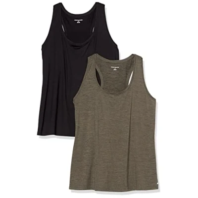Imagen de Amazon Essentials Camiseta Técnica con Espalda Deportiva en Tejido Elástico (Disponible Tallas Grandes) Mujer, Pack de 2, Negro/Tinte Oliva Espacial, 5XL Grande