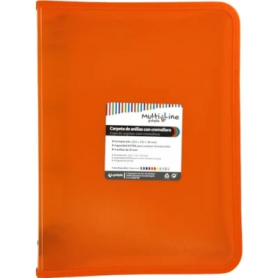 Imagen de Grafoplás Carpeta de Anillas con Cremallera A4+ Naranja Multiline 4 Mixtas 25mm Cubierta Polipropileno Rayado Vertical Capacidad Extra para Hojas Papel Formato Folio