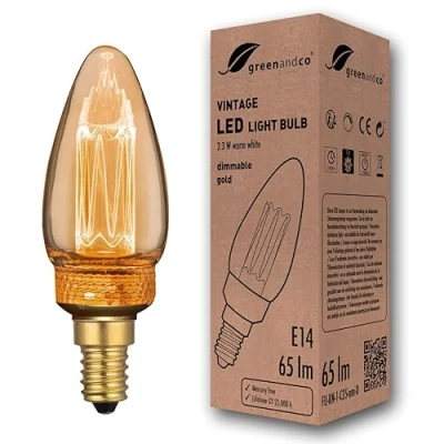 Imagen de greenandco Bombilla LED regulable decorativa estilo vintage E14 C35 2,3W 65lm 1800K 320 230V, dorado, sin parpadeo