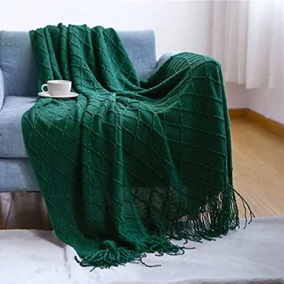 Imagen de LumiSyne Manta De Punto con Flecos Color Sólido Borlas Clásica Diseño Motivos Geométricos Comoda Suave Cubresofa Cubrecama Decorativa para Sofá Cama 230x130cm