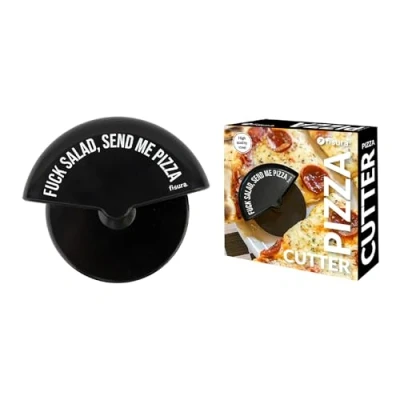 Imagen de Fisura Cortador de pizza original &quot;f*ck salad&quot;. Cortapizza con rueda divertido. Cuchillo para acero inoxidable y ABS. Medidas: 7,5 x 5,5 centímetros.