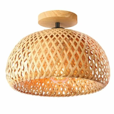 Imagen de Schindora Techo De Bambú, Luminaria Mimbre Semi flushmount, Luminarias Ratán Boho Hecho A Mano