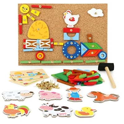 Imagen de Small Foot Juego de Martillo Madera Farm Base Corcho con Motivos Granja para martillar, a Partir 3 años, 10228 Juguetes Motor