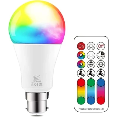 Imagen de Bombilla de luz LED que cambia color, 120 colores, equivalente a 70 vatios, estroboscópica bricolaje, blanco cálido 2700K RGB con control remoto, tornillo 10W A60 B22