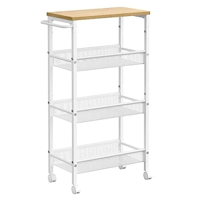 Imagen de VASAGLE Carro de 4 Niveles, Estrecho Cocina con Ruedas, Asa, para Espacio Reducido, 22 x 45,4 77 cm, Cocina, Baño, Salón, Estudio, Roble Beige y Blanco LRC033W09