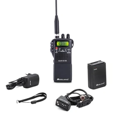 Imagen de Midland Alan 42 DS CB Transceptor Portátil AM/FM Multibanda para Países UE, con toma Accesorios de 2 Pines, Silenciador Digital y Sonido Claro Potente
