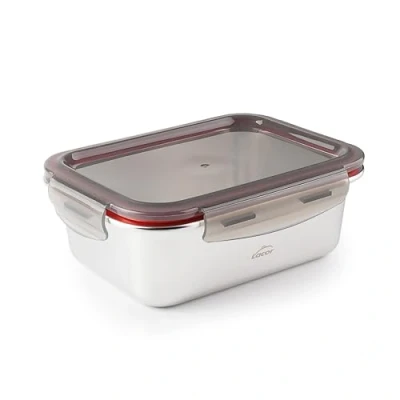 Imagen de LACOR 64610 Recipiente para alimentos rectangular Ecoinox, Acero inoxidable 18/10, 800 ml, Apto microondas, horno, congelador y lavavajillas, Hermético, 4 Cierres de clip, BPA Free