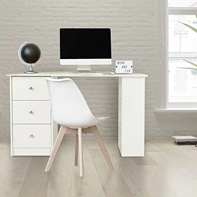 Imagen de ML Design Escritorio con 3 Cajones y Estantes de Almacenamiento Ideales para Guardado 120x49x72 cm Color Blanco Mueble Ordenador PC Pórtatil Mesa Trabajo Estudio Hogar u Oficina
