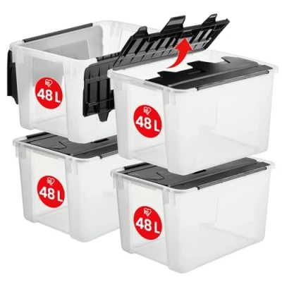 Imagen de Iris Ohyama, Caja de almacenaje plástico con tapa mariposa, 48L, Lote 4, transparente, sin BPA asas, apilar y anidar, organización sólida, dormitorio, vestidor, oficina, CWL 48