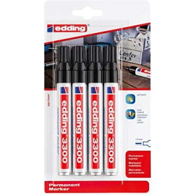 Imagen de edding 3300 marcador permanente negro 4 rotuladores punta biselada 1 5 mm indeleble de secado rápido resistente al agua y a los borrones cartón, plástico, madera, metal, tela universal