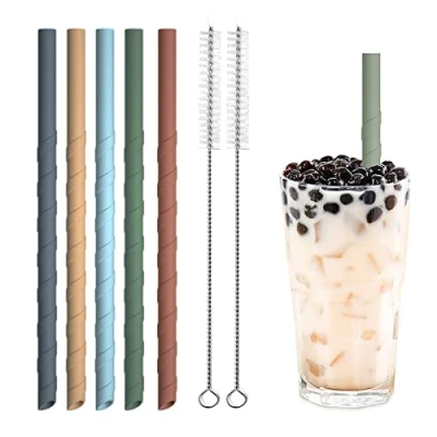 Imagen de Pajitas de Silicona Reutilizables 5PCS, flexibles ecológicas, Regular Pajas con 2 Cepillos Limpieza sin BPA para Yogur Batidos Jugo Café Cóctel Niños Adultos Pajillas Viaje