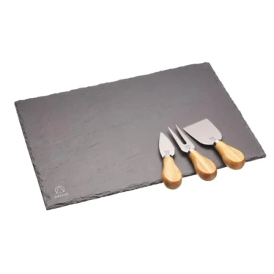 Imagen de Artesa Juego de Tabla Quesos con Bandeja Pizarra Natural y Tres Cuchillos Queso Lisos Acero Inoxidable Madera Acacia, 32 x 22cm Servir