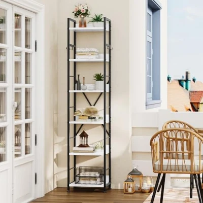 Imagen de YITAHOME Estantería de 6 Niveles, Librería Piso con 4 Ganchos, Estante Madera y Marco Metal, Industrial Alta, Almacenamiento para Sala Estar Oficina Casa, Textura mármol
