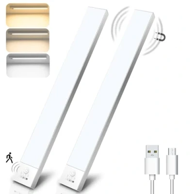 Imagen de OUILA Luz LED Armario con Sensor de Movimiento, 32CM Regulable Adhesiva 3 Color Modos, 1500 mAh USB Recargable Nocturna para Cocina, Armario, Escaleras, Pasillo, Garaje 2 Piezas