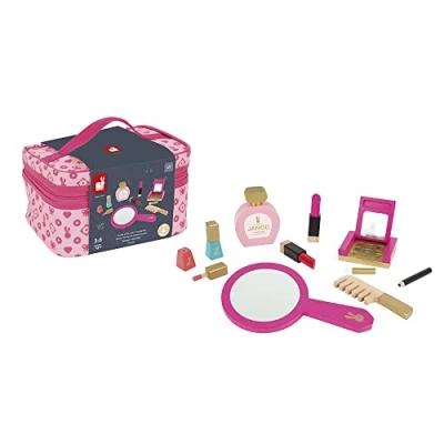 Imagen de Janod Vanity Infantil P&#039;tite Miss 9 Accesorios de Madera Maciza Incluidos Juguete Imitación para Maquillaje y Belleza, J06514, Rosa