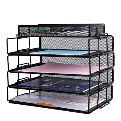 Imagen de Exerz Organizador de Escritorio Malla Alambre, Paquete 5 Piezas, clasificador Papel apilable 4 Niveles, Accesorios, Compartimentos/Multifuncional Negro