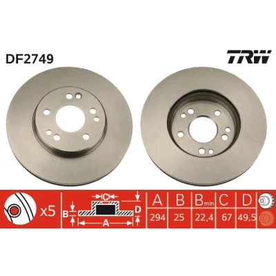Imagen de TRW DF2749 Disco de freno 294 25 5 112 ventilado barnizado MERCEDES BENZ: Clase E Berlina, W124 Coupé