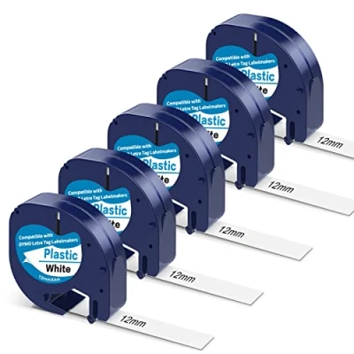 Imagen de 5x Cintas Compatibles con Recambio Dymo Plástico Blanco 91201 91221 S0721610,en Lugar de Cinta Etiquetas Negro sobre 12mm x 4m Compatible para Etiquetadora LT 100H 110T QX 50 XR