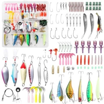 Imagen de TUXIBIN Juego de 101 señuelos Duros para hundir Pesca Mixtos universales multifunción, Caja Aparejos Incluyendo Spinners, Gusano, cucharas, etc.
