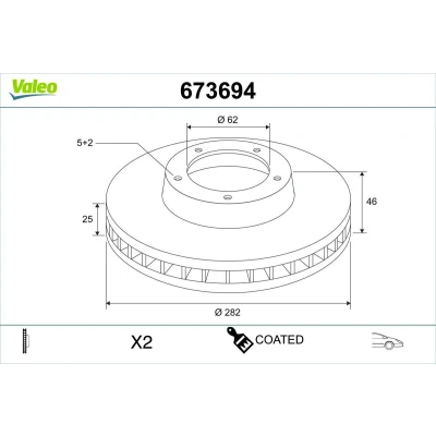 Imagen de VALEO Disco de freno TOYOTA: Corolla XII Familiar, Berlina, Hatchback Eje delantero 282mm 25mm 5Taladro(s) ventilado 673694