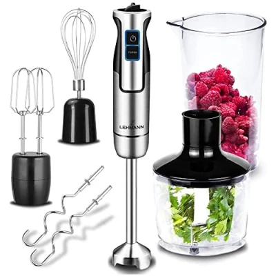 Imagen de LEHMANN Chowmei Batidora de mano multifuncional con un juego accesorios intercambiables, 1200 W, recipiente dosificadora 600 ml, cuenco 860 función turbo, color plateado y negro