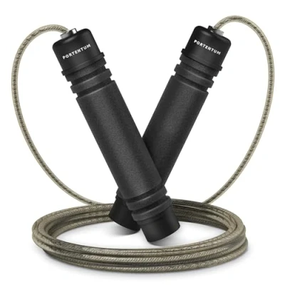 Imagen de Comba Crossfit PORTENTUM con Mangos de Espuma Ergonómicos, Saltar Longitud Ajustable y Rodamientos Rápidos Ideal para Fitness, Entrenamiento por Intervalos 2.8 Metros