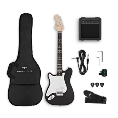 Imagen de VISIONSTRING Guitarra eléctrica 3/4 para zurdos Starter Pack con amplificador y accesorios, negro