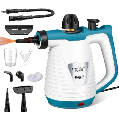 Imagen de KingSom Vaporeta Limpieza Hogar, de Mano, Limpiador Vapores Portátil Usos Múltiples con 9 Accesorios para la Eliminación Manchas,Limpiador a Vapor Sofá, Steam Cleaner Cable 3m