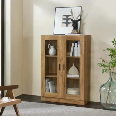 Imagen de [en.casa] Vitrina con 3 Compartimentos Aparador 2 Puertas Mueble Auxiliar para Salón Comedor Oficina Cristal Aglomerado 115 x 80 31 cm Efecto Roble