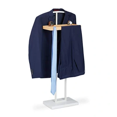 Imagen de Relaxdays Galán de Noche, Perchero Pie Repisa, Colgador Ropa, Organizador, DM Metal Madera, 1 Ud., 102x46x24 cm, Blanco