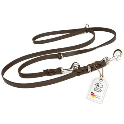 Imagen de CopcoPet Correa de cuero engrasado para perros ajustable en 3 posiciones piel suave con mosquetones y herrajes cromo trenzada 100% hecha a mano Alemania (2,80 m x 20 mm