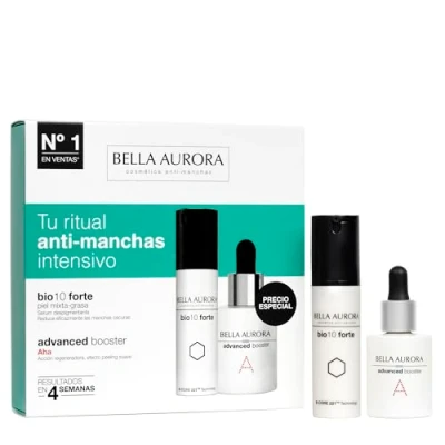 Imagen de BELLA AURORA Pack Antimanchas Intensivo, Bio10 Forte Piel Mixta Grasa 30 ml + Advanced Booster Aha ml, SPF20, Tratamiento Antioxidante y Anti Imperfecciones, Efecto Peeling
