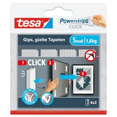 Imagen de tesa Powerstrips CLICK Tiras adhesivas para sujetar y soltar marcos de fotos decoración pared sin taladrar con sistema clic ON OFF Pequeño 4 x 2 Piezas