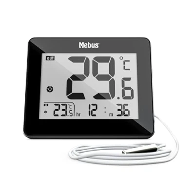 Imagen de MEBUS digitales Thermometer Innen und Außen mit kabelgebundenem Außensensor, Uhrzeit, Min/Max Werte, Farbe: Schwarz, Modell: 48432