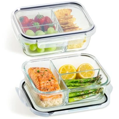 Imagen de Praknu Meal Prep Cristal con 3 Compartimentos 2 Tuppers Hermeticos de 1L Fiambrera Para Congelar, Microondas, Horno