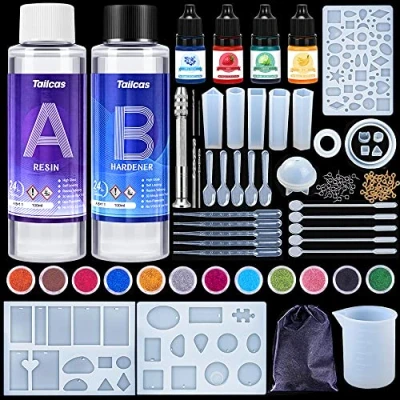 Imagen de Tailcas Resina Epoxi Kit 200ml, Molde Silicona Resin Epoxy, Principiante de Epoxi, para DIY Manualidades, Fabricación Joyas, Pintura y Decoración Artesanal, con Taza Medidora Pajita