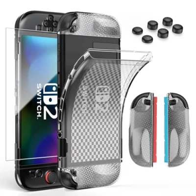 Imagen de HEYSTOP Switch 2 Carcasa para Nintendo 2, Funda Protectora Transparente de TPU Suave Joycon Grips con Protector Pantalla Vidrio Templado y 6 Tapas Joysticks