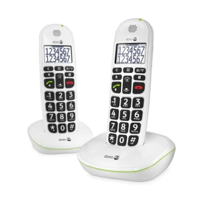Imagen de Doro PhoneEasy 110 Duo Teléfono Inalámbrico DECT para Personas Mayores con Teclas Grandes Parlantes, Función de Llamada Interna y Audio Amplificado [Versión Española Portuguesa](X 2 / Blanco)