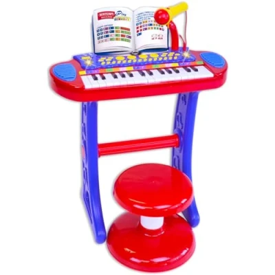 Imagen de Bontempi MiniMaestro: Teclado Electrónico de 31 Teclas con Micrófono y Accesorios, Azul Rojo, 450x430x610 mm
