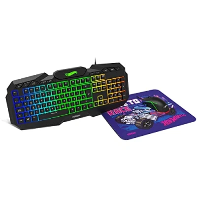 Imagen de KROM Kit teclado, Ratón y alfombrilla edición Hot Wheels KUSTOM Teclado membrana RGB, con sensor óptico 7200 DPI, tela suave resistente, layout español, color negro