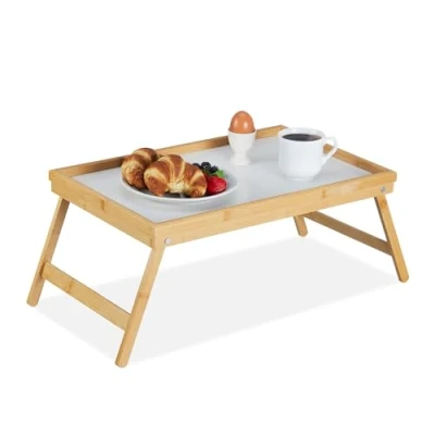 Imagen de Set de 2 Bandejas Cama Bambú y MDF, Patas Plegables, Mesita Desayuno, Mesilla Sofá, 23,5 x 63 31 cm, Natural/Blanco