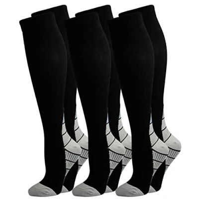 Imagen de 3 Pares Calcetines/ Medias de Compresión para Hombres y Mujeres, Running, Deporte, Correr, Senderismo, Volar, Viajar, Varicosas, Embarazo Médicos (M, Gris)