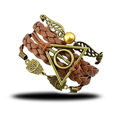 Imagen de Qazuwa Pulseras,Pulsera Mujer,Brazalete Tejido a Mano Pulsera de Cuero PU Vintage Ajustable Con Alas y Búhos Snitch Dorados, Para Hombres Mujeres, Marrón