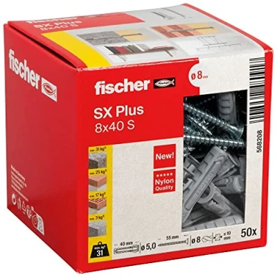 Imagen de fischer 568208 Taco de expansión SX Plus 8x40 con Tornillo, caja 50 anclajes nylon, para una sujeción óptima al fijar en hormigón, ladrillo macizo, (Caja unidades)