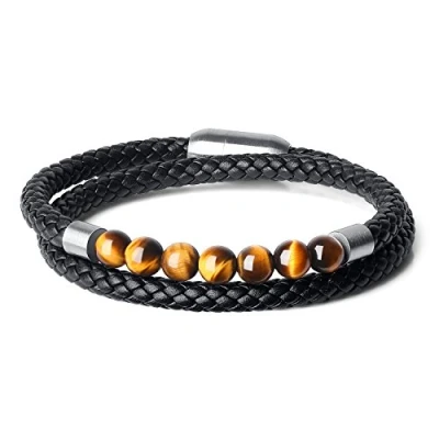 Imagen de COAI Pulsera Doble Capa de Cuero Negro Genuino con Cuentas Ojo Tigre Piedra Natural L