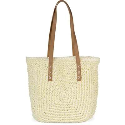Imagen de styleBREAKER Bolso de mano papel para mujer con asas largas, bolsa playa, cesta, mimbre 02012388, Color lila., talla única