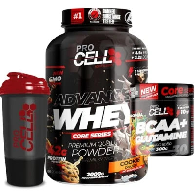 Imagen de ProCell PACK Whey Core + BCAA &amp; Glutamina 300gr Shaker REGALO proteina concentrada Aminoácidos Gana masa muscular, en polvo (2 KG, Cookie Dough)